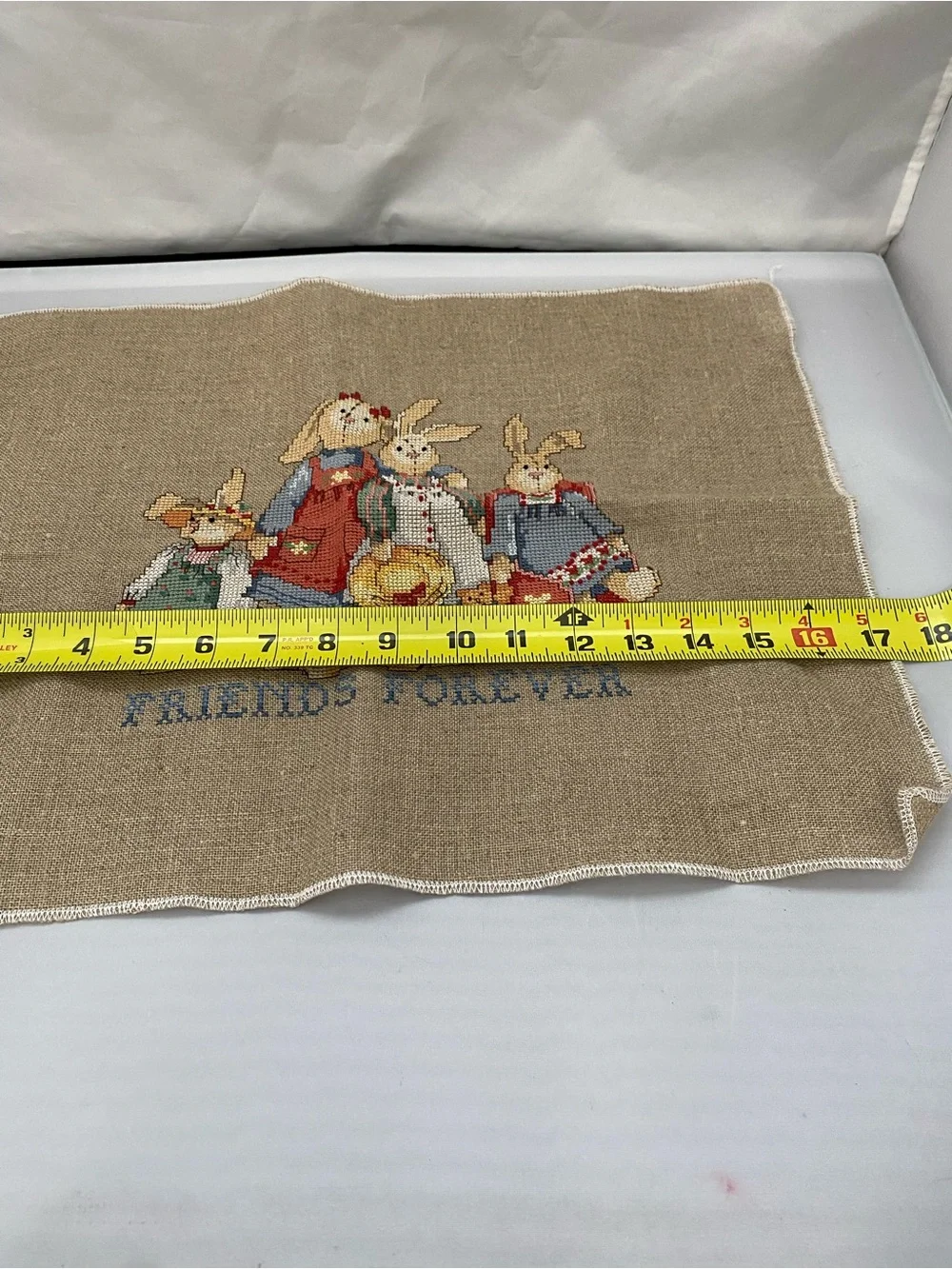 Hand- Embroidered Bunny Family Linen Panel - Friends Forever